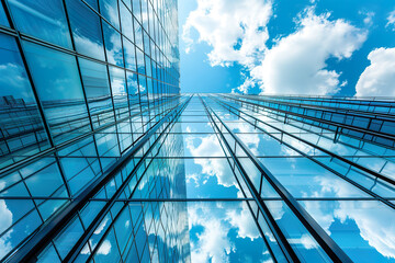 A tall building with many windows reflecting the blue sky, generative ai image.