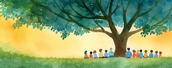 A dreamy watercolor of an outdoor classroom, with a teacher instructing under a large oak tree, students listening intently