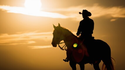 Fototapeta premium A silhouette of a cowboy riding on top of his horse, AI