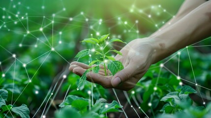 Smart farming holding young plant. Smart farming and precision agriculture 4.0, agriculture concept