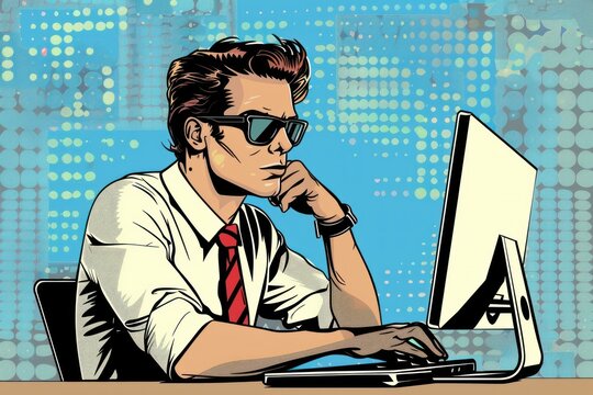 Pop art illustration of a businessman wearing sunglasses working and thinking at a computer with a blue background