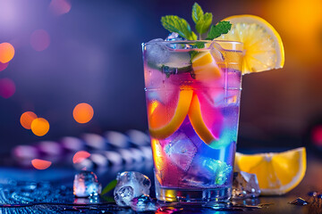 A glass of mixed fruit drink with ice cubes and a slice of lemon, generative ai image.