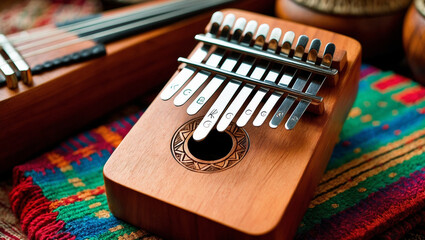 Naklejka premium Close-Up of Traditional African Kalimba on Colorful Fabric