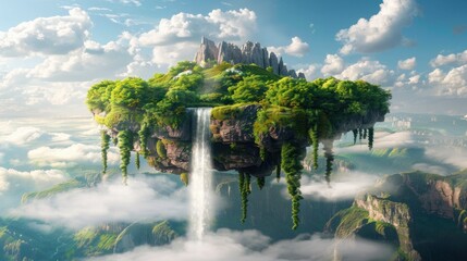 A floating piece of land with lush green grass, waterfalls, mountains, and a lake.

