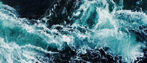 Natural background of blue-green sea water with foam.