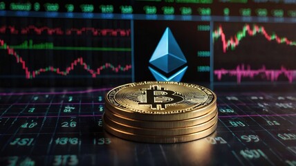 bitcoins on the table and stock market analytics background