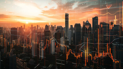 A bustling city skyline is infused with digital graphs and data, portraying the dynamic nature and constant flux of urban economics.