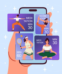 Online sports training. Hand with smartphone with training schedule. Active lifestyle, fitness and sports. Meditation, yoga and tennis. Flat vector illustration isolated on violet background