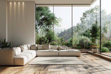 White minimalist living room interior with sofa on a wooden floor, decor on a large wall, white landscape in window. Home nordic interior. 3D illustrationhyperrealism, photorealism, photorealistic.