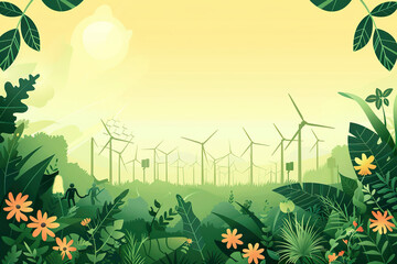 Fototapeta premium A field with two wind turbines and a solar panel, generative ai image.
