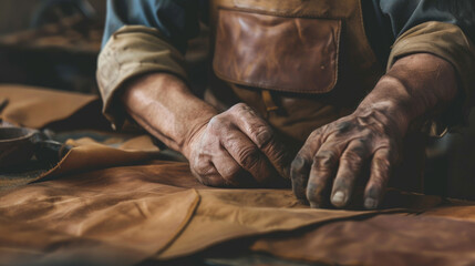 Weathered hands of an artisan meticulously crafting leather under warm, rustic light, showcasing skill and tradition in leatherwork.