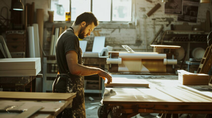 A focused craftsman works diligently in his sunlit workshop, skillfully shaping wood on a workbench, surrounded by tools and materials.