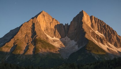 Obraz premium Majestic mountain peaks bathed in golden light at sunset