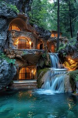 Fototapeta premium Enigmatic Secret Bunker Hidden Behind Glowing Waterfall in Untamed Wilderness