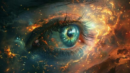 the mystical eye observes the cosmic tapestry, witnessing times flow, an illustration of the omniscient eye concept and the universes rhythms