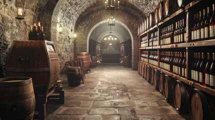 A stone wine cellar lined with rows of barrels and bottles under arched ceilings, evoking a sense of tradition and elegance.