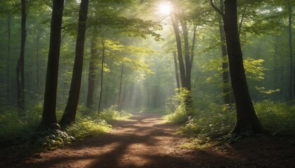 Obraz premium A sunlit path through the early morning forest