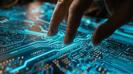Hand hovering over a glowing circuit board, symbolizing technological innovation and the intricate world of electronics and digital connections.