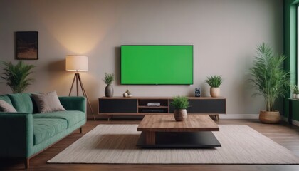 Fototapeta premium Stylish living room setup with a green screen TV and neutral color palette