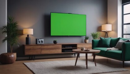 Modern living room with green screen TV, beige sofa, and wooden furniture