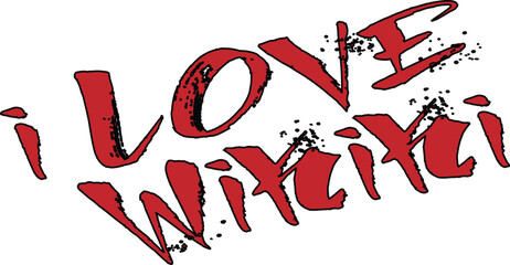 Red hand lettering expressing love for waikiki