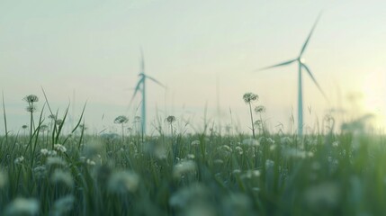 Panoramic view of a wind farm with tall turbines generating electricity.