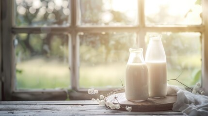 Fresh milk in glass bottles on wooden table by window Copy space background