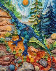 Naklejka premium Prehistoric Impressions: Dinosaur Footprint Mosaic in Rock, Paper Quilling Art Style