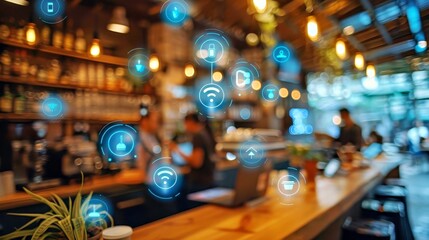 Seamless Connectivity with Bluetooth Auracast in Busy CafÃ© Atmosphere Against Abstract Background