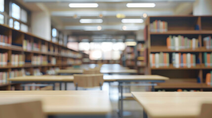 A spacious and quiet library with rows of wooden tables and bookshelves, ready for students and readers to settle in.