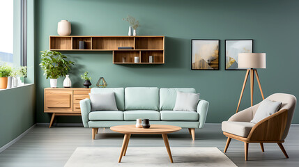 Mint color chairs at round wooden dining table, home interior design of modern living room