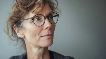 Obraz premium A portrait of an older woman with curly hair and glasses, looking pensively into the distance, illuminated by soft natural light.