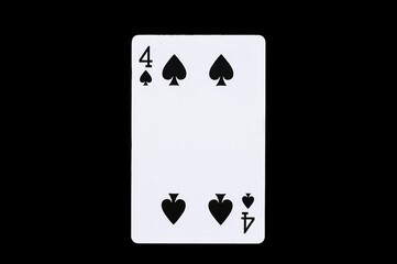 Playing Card Four of Spades Isolated on Black Background. Poker. NATIONAL CARD PLAYING DAY December 28