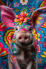 Obraz premium A joyful and vibrant pig decorated with colorful floral patterns, standing against a lively, patterned background.