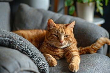 Obraz premium Relaxed Ginger Cat Lounging on a Cozy Grey Sofa