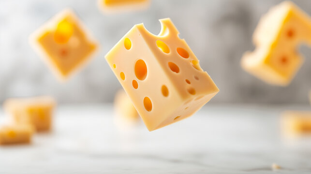 A close up of a piece of cheese with holes in it