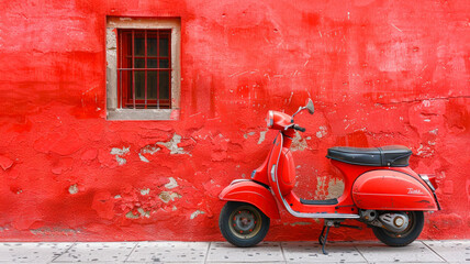 Vintage Red Scooter Against Weathered Wall: Nostalgic Urban Scene