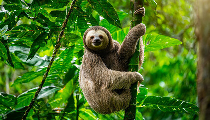 Funny sloth hanging on tree branch, cute face look, perfect portrait of wild animal in the Rainforest of Costa Rica scratching the belly, Bradypus variegatus, brown-throated three-toed sloth, relaxed
