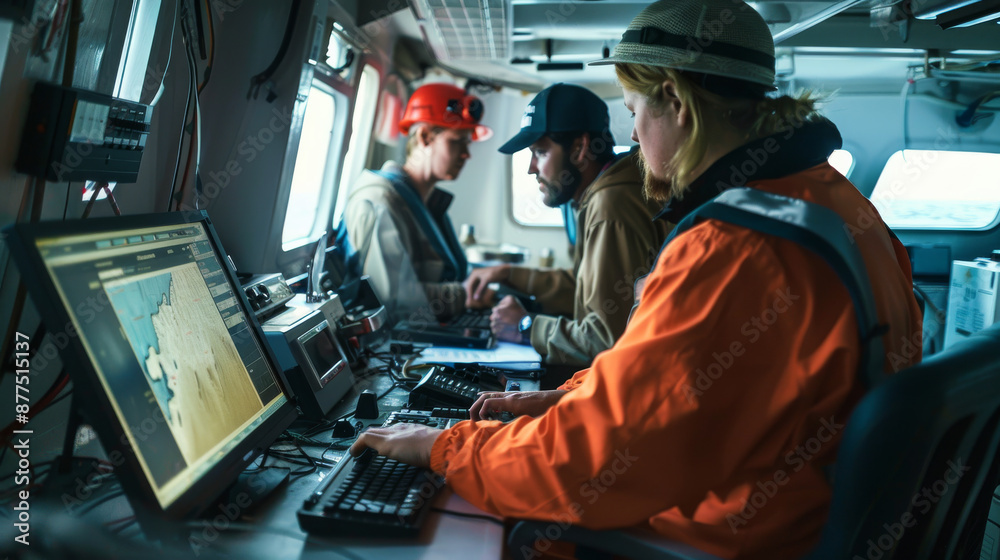 Wall mural A ship's control room with crew members actively engaged in navigation, showcasing teamwork and technology in action.