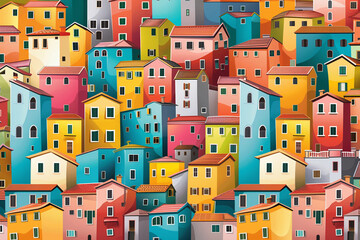 A seamless pattern of colorful buildings.