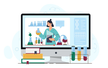Science video lesson. Computer screen with teacher leading lecture on chemistry or biology. Education and learning on internet. Online course at university. Cartoon vector illustration