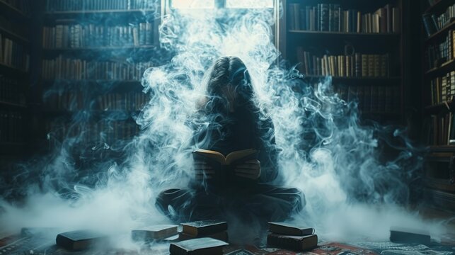 A woman sits in a dimly lit library, surrounded by smoke, lost in a book.