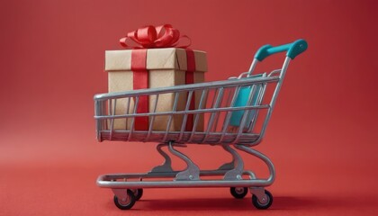 Small shopping cart with a gift box wrapped in red ribbon