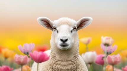 Fototapeta premium A lively and detailed photo of a white sheep in a vibrant, colorful springtime field, focus cover all object
