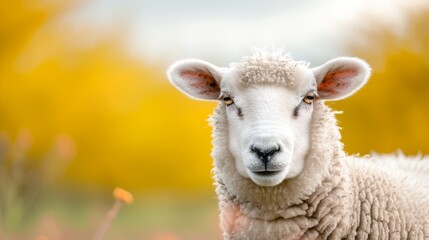 Obraz premium A lively and detailed photo of a white sheep in a vibrant, colorful springtime field, focus cover all object
