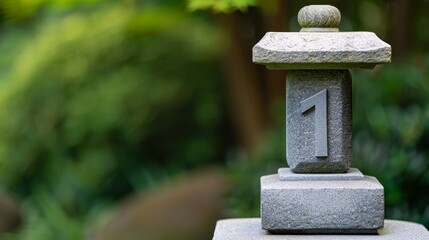 A peaceful and sharp photo of a number 1 statue in a tranquil garden, focus cover all object