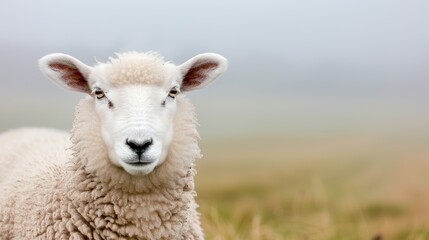 A peaceful and sharp photo of a white sheep in a tranquil, fog-covered meadow, focus cover all object