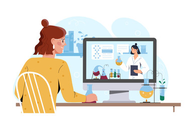 Science video lesson. Woman sitting at computer screen and watching lecture on chemistry or biology. Education and learning. Online course at university. Cartoon vector illustration