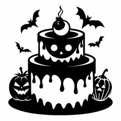 Halloween pumpkin cake with candles,Halloween cake black vector silhouette,Happy Halloween day