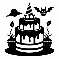 Halloween pumpkin cake with candles,Halloween cake black vector silhouette,Happy Halloween day